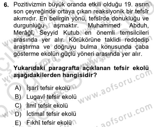 Tefsir Tarihi ve Usulü Dersi 2025 - 2026 Yılı (Final) Dönem Sonu Sınav Soruları 6. Soru