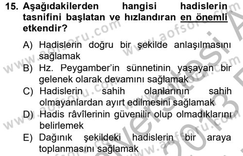 Hadis Tarihi ve Usulü Dersi 2012 - 2013 Yılı (Vize) Ara Sınav Soruları 15. Soru