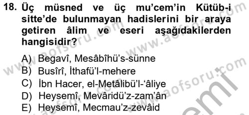 Hadis Tarihi ve Usulü Dersi 2012 - 2013 Yılı (Vize) Ara Sınavı 18. Soru