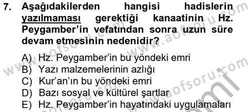 Hadis Tarihi ve Usulü Dersi 2012 - 2013 Yılı (Vize) Ara Sınav Soruları 7. Soru