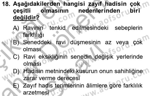 Hadis Tarihi ve Usulü Dersi 2012 - 2013 Yılı (Final) Dönem Sonu Sınav Soruları 18. Soru