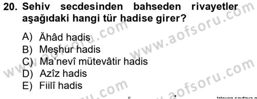 Hadis Tarihi ve Usulü Dersi 2012 - 2013 Yılı (Final) Dönem Sonu Sınav Soruları 20. Soru