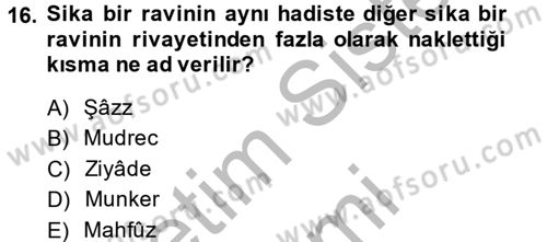 Hadis Tarihi ve Usulü Dersi 2013 - 2014 Yılı (Final) Dönem Sonu Sınav Soruları 16. Soru