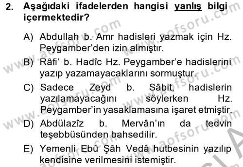 Hadis Tarihi ve Usulü Dersi 2013 - 2014 Yılı (Final) Dönem Sonu Sınav Soruları 2. Soru