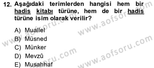 Hadis Tarihi ve Usulü Dersi 2014 - 2015 Yılı (Vize) Ara Sınav Soruları 12. Soru