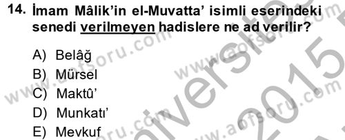 Hadis Tarihi ve Usulü Dersi 2014 - 2015 Yılı (Vize) Ara Sınav Soruları 14. Soru