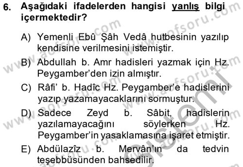 Hadis Tarihi ve Usulü Dersi 2014 - 2015 Yılı (Vize) Ara Sınav Soruları 6. Soru