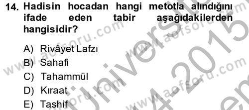 Hadis Tarihi ve Usulü Dersi 2014 - 2015 Yılı (Final) Dönem Sonu Sınav Soruları 14. Soru