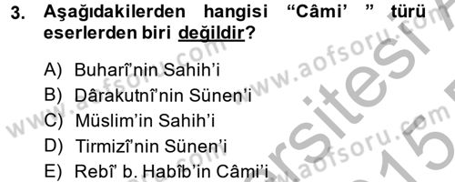 Hadis Tarihi ve Usulü Dersi 2014 - 2015 Yılı (Final) Dönem Sonu Sınavı 3. Soru