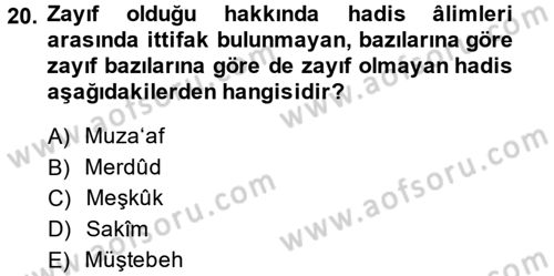 Hadis Tarihi ve Usulü Dersi 2014 - 2015 Yılı Tek Ders Sınavı 20. Soru