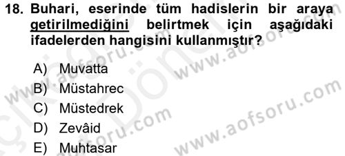 Hadis Tarihi ve Usulü Dersi 2015 - 2016 Yılı (Vize) Ara Sınav Soruları 18. Soru