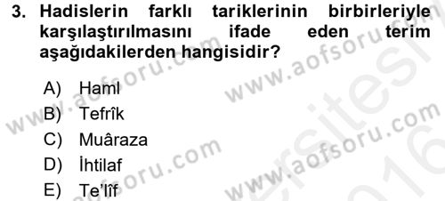 Hadis Tarihi ve Usulü Dersi 2015 - 2016 Yılı (Vize) Ara Sınav Soruları 3. Soru