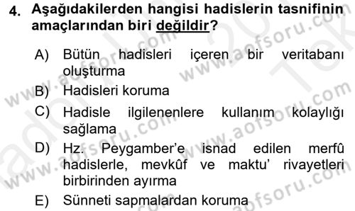 Hadis Tarihi ve Usulü Dersi 2015 - 2016 Yılı Tek Ders Sınavı 4. Soru