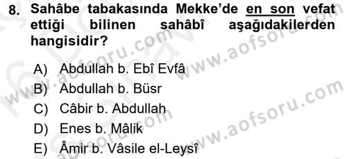 Hadis Tarihi ve Usulü Dersi 2015 - 2016 Yılı Tek Ders Sınavı 8. Soru