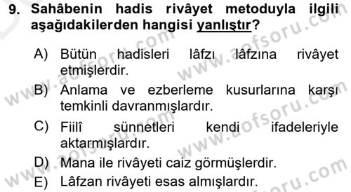 Hadis Tarihi ve Usulü Dersi 2015 - 2016 Yılı Tek Ders Sınavı 9. Soru