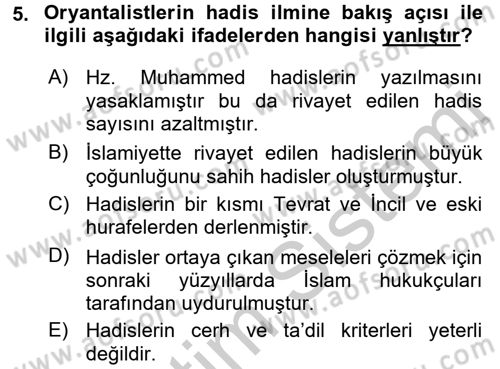 Hadis Tarihi ve Usulü Dersi 2016 - 2017 Yılı 3 Ders Sınavı 5. Soru