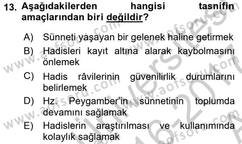 Hadis Tarihi ve Usulü Dersi 2016 - 2017 Yılı (Vize) Ara Sınavı 13. Soru