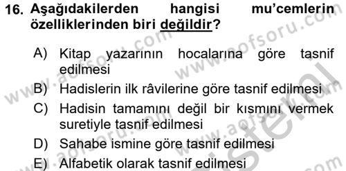 Hadis Tarihi ve Usulü Dersi 2016 - 2017 Yılı (Vize) Ara Sınavı 16. Soru