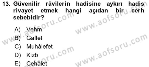 Hadis Tarihi ve Usulü Dersi 2016 - 2017 Yılı (Final) Dönem Sonu Sınav Soruları 13. Soru