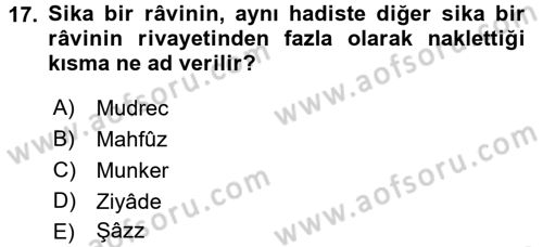 Hadis Tarihi ve Usulü Dersi 2016 - 2017 Yılı (Final) Dönem Sonu Sınav Soruları 17. Soru