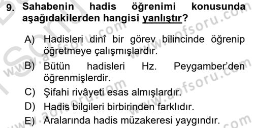 Hadis Tarihi ve Usulü Dersi 2016 - 2017 Yılı (Final) Dönem Sonu Sınav Soruları 9. Soru