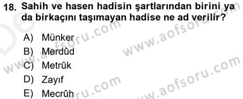 Hadis Tarihi ve Usulü Dersi 2017 - 2018 Yılı 3 Ders Sınav Soruları 18. Soru