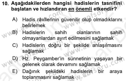 Hadis Tarihi ve Usulü Dersi 2017 - 2018 Yılı (Vize) Ara Sınavı 10. Soru