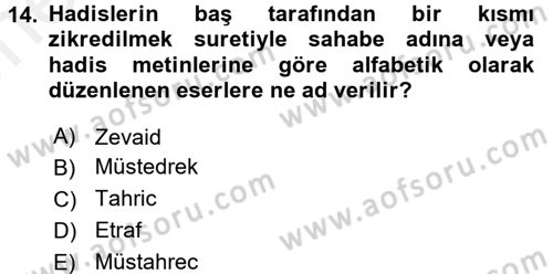 Hadis Tarihi ve Usulü Dersi 2017 - 2018 Yılı (Vize) Ara Sınav Soruları 14. Soru