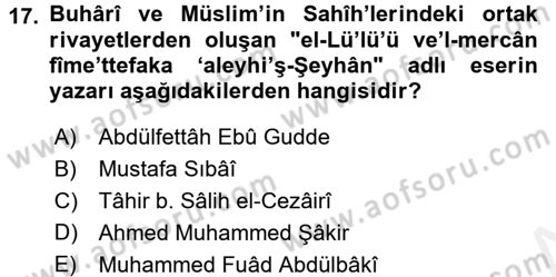 Hadis Tarihi ve Usulü Dersi 2017 - 2018 Yılı (Vize) Ara Sınav Soruları 17. Soru