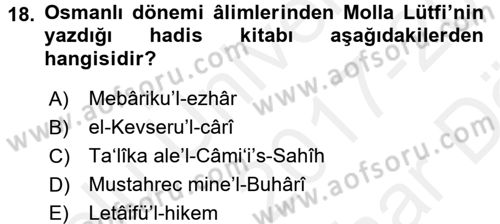 Hadis Tarihi ve Usulü Dersi 2017 - 2018 Yılı (Vize) Ara Sınav Soruları 18. Soru