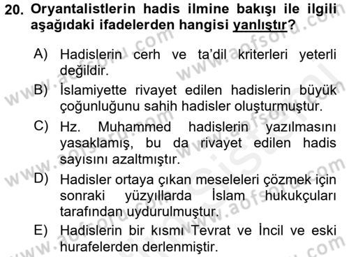 Hadis Tarihi ve Usulü Dersi 2017 - 2018 Yılı (Vize) Ara Sınavı 20. Soru