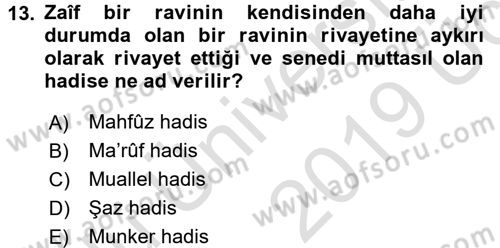 Hadis Tarihi ve Usulü Dersi 2018 - 2019 Yılı 3 Ders Sınavı 13. Soru