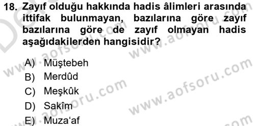 Hadis Tarihi ve Usulü Dersi 2018 - 2019 Yılı 3 Ders Sınavı 18. Soru