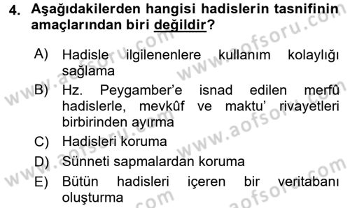 Hadis Tarihi ve Usulü Dersi 2018 - 2019 Yılı 3 Ders Sınavı 4. Soru