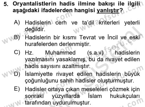 Hadis Tarihi ve Usulü Dersi 2018 - 2019 Yılı 3 Ders Sınavı 5. Soru