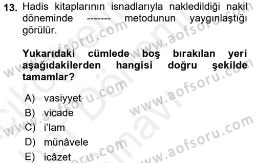 Hadis Tarihi ve Usulü Dersi 2018 - 2019 Yılı (Final) Dönem Sonu Sınav Soruları 13. Soru