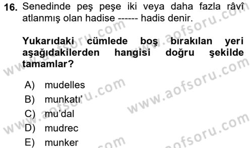 Hadis Tarihi ve Usulü Dersi 2018 - 2019 Yılı (Final) Dönem Sonu Sınav Soruları 16. Soru