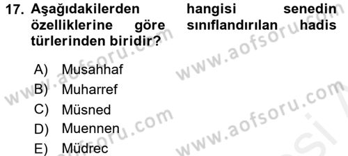Hadis Tarihi ve Usulü Dersi 2018 - 2019 Yılı (Final) Dönem Sonu Sınav Soruları 17. Soru