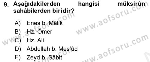 Hadis Tarihi ve Usulü Dersi 2018 - 2019 Yılı (Final) Dönem Sonu Sınav Soruları 9. Soru