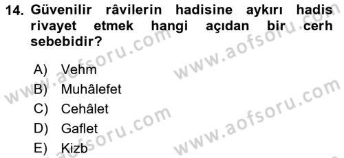 Hadis Tarihi ve Usulü Dersi 2018 - 2019 Yılı Yaz Okulu Sınav Soruları 14. Soru