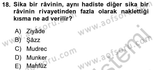 Hadis Tarihi ve Usulü Dersi 2018 - 2019 Yılı Yaz Okulu Sınav Soruları 18. Soru