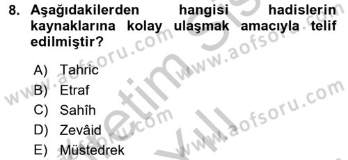 Hadis Tarihi ve Usulü Dersi 2018 - 2019 Yılı Yaz Okulu Sınav Soruları 8. Soru