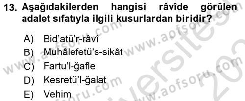 Hadis Tarihi ve Usulü Dersi 2020 - 2021 Yılı Yaz Okulu Sınavı 13. Soru