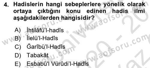 Hadis Tarihi ve Usulü Dersi 2020 - 2021 Yılı Yaz Okulu Sınavı 4. Soru