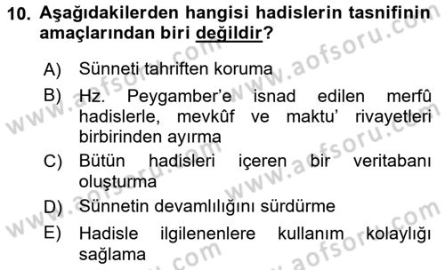 Hadis Tarihi ve Usulü Dersi 2021 - 2022 Yılı (Vize) Ara Sınavı 10. Soru