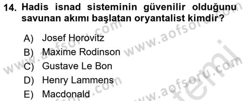 Hadis Tarihi ve Usulü Dersi 2021 - 2022 Yılı (Vize) Ara Sınavı 14. Soru