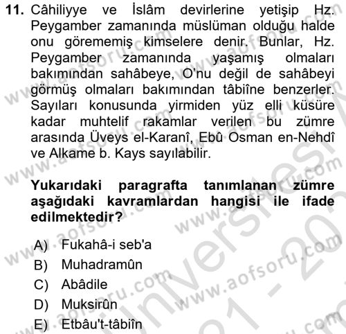 Hadis Tarihi ve Usulü Dersi 2021 - 2022 Yılı (Final) Dönem Sonu Sınavı 11. Soru