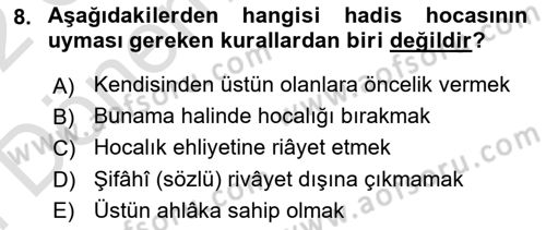 Hadis Tarihi ve Usulü Dersi 2021 - 2022 Yılı (Final) Dönem Sonu Sınavı 8. Soru