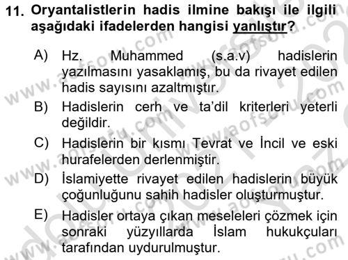 Hadis Tarihi ve Usulü Dersi 2021 - 2022 Yılı Yaz Okulu Sınav Soruları 11. Soru