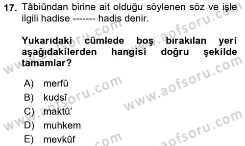 Hadis Tarihi ve Usulü Dersi 2021 - 2022 Yılı Yaz Okulu Sınav Soruları 17. Soru